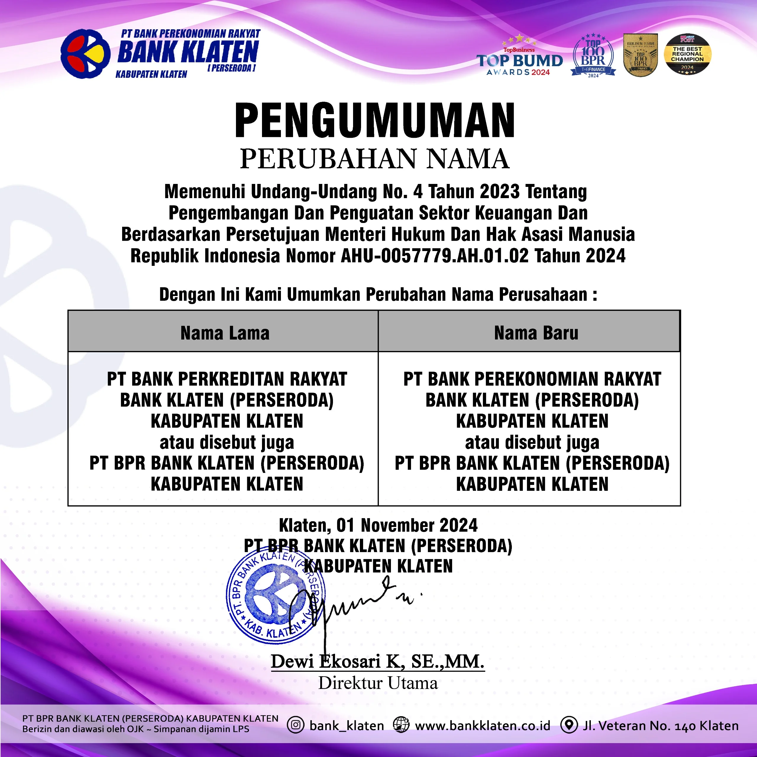 Pengumuman Perubahan Nama PT BPR Bank Klaten (Perseroda) Kabupaten Klaten